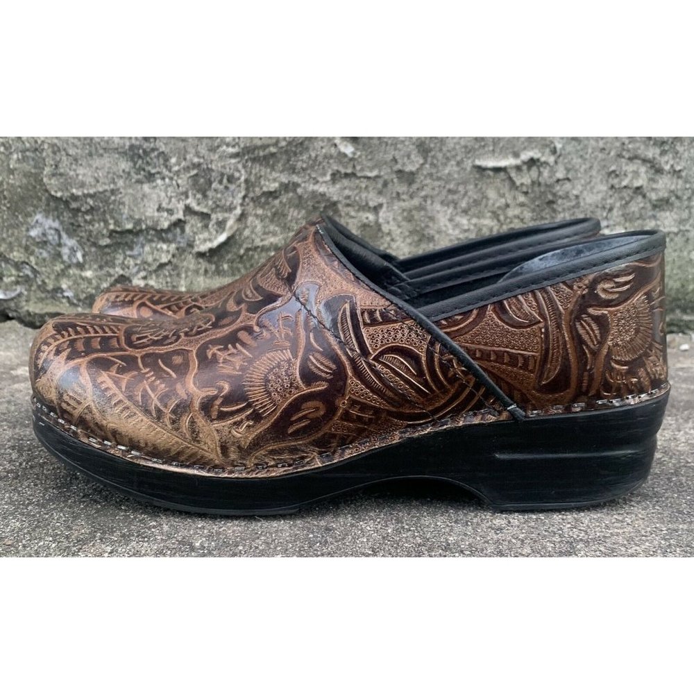 Dansko Brown Floral Tooled Leather slip on clogs